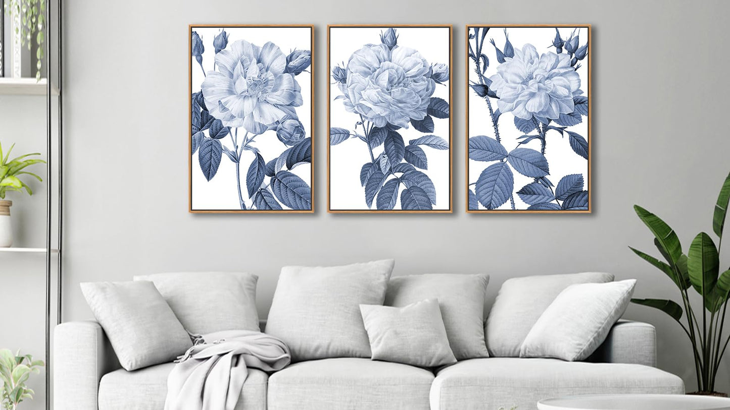 Large Framed Canvas Wall Art - Natural Float Framed Blue Gray Flowers Pictures Decor Rustic Blossom Leaves Botanical Artwork for Living Room Bedroom Kitchen Home Office Decoration 60" X 28" Set of 3