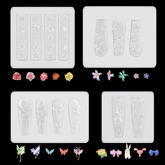 3D Flowers Nail Mold 4 Pcs Silicone Flower Nail Tools Resin Nail Charms Mould Gel Nail Art Sculpture Floral Rose Butterfly Bow Carving Template Molds for Resin Manicure Accessories DIY Nail Supplies