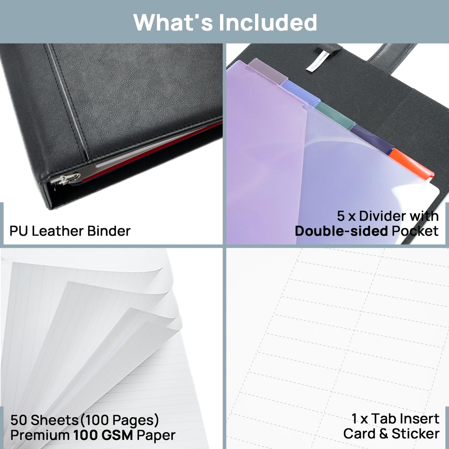 POPRUN PU Leather 1.5 Inch 3 Ring Binder, Professional Business Organizer- Includes PP Dividers, 100GSM / Grade AA Filler Papers, Card &Sticker for Tab- Ideal for Office Presentation Meetings, Black