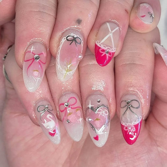24Pcs Pink French Tip Press on Nails Medium Almond Fake Nails with Pearl Rhinestones Design Heart Star False Nail Cute Bow Stick on Nails Summer Glue on Nails Pink Gradient Acrylic Nail for Women Gift