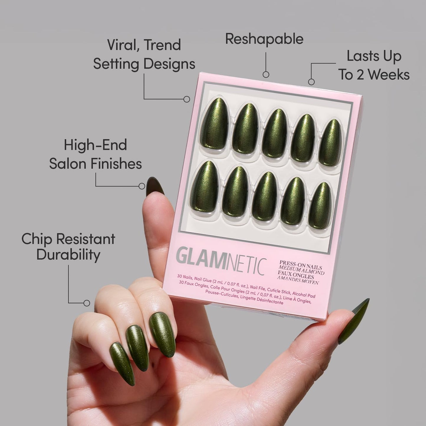 Glamnetic Press-On Nails Bundle - Velvet Pine & Cutie Pine | Deep Green Short Oval Fake Nails with French Tips, Tree Designs & Velvet Finish | Medium Almond Fake Nails in Deep Evergreen with a Pearl C