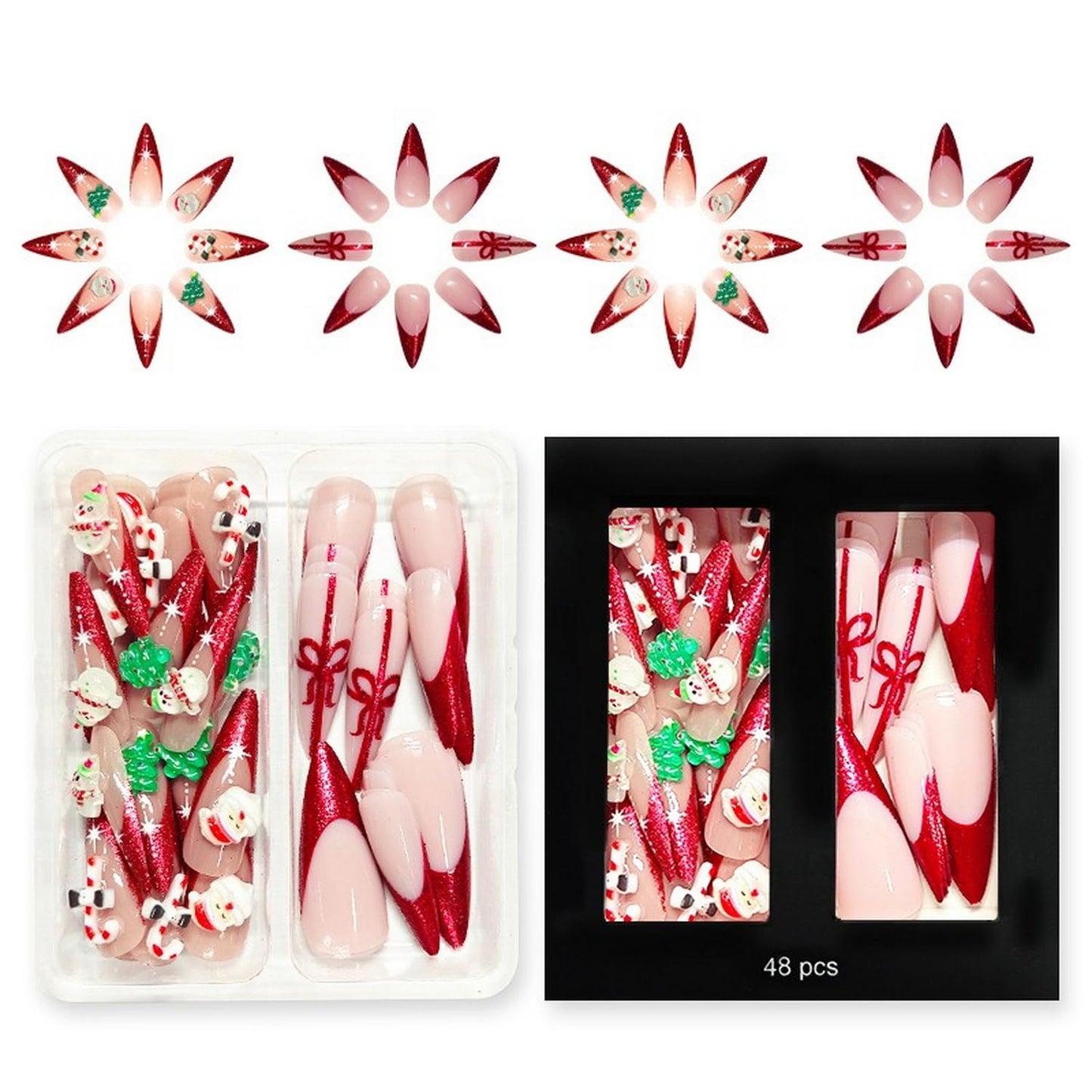 Christmas Press on Nails Kit 48 Pcs Long Stiletto Fake Nails 2 Style Red French Tip False Nails with Xmas Tree Santa Charms Bow Glitter Designs Glossy Glue on Nail Winter Acrylic Nails for Women Girls