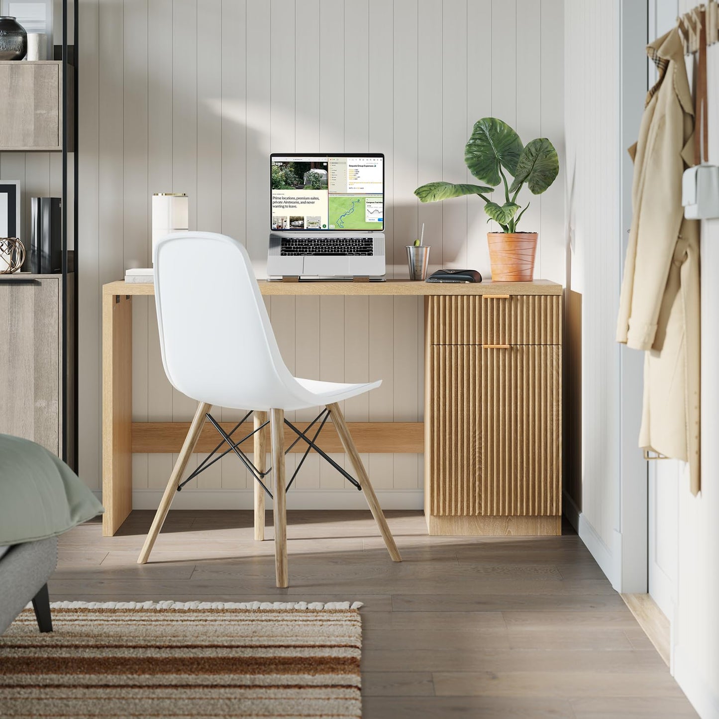 BouPower 60" Fluted Executive Desk with Drawers, Wood Computer Desk with Storage Cabinet, Home Office Desks with Storage for Study Room, Bedroom, Living Room, Natural Oak