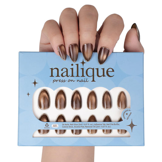 Nailique Press On Nails Short Almond – Handmade Espresso Mocha Brown Cat Eye Soft Gel with Gold Trim Outline, 26pcs Reusable Nail Tips with Glue & Remover, Salon Quality Luxury Chic Manicure