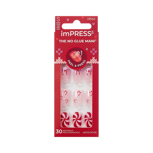 KISS imPRESS Holiday Press On Nails, ‘Be Merry’, Pink, Short Oval, 3D Effect, Improved Super Hold Adhesive, 30 Fake Nails, Prep Pad, Mini Nail File, & Manicure Stick
