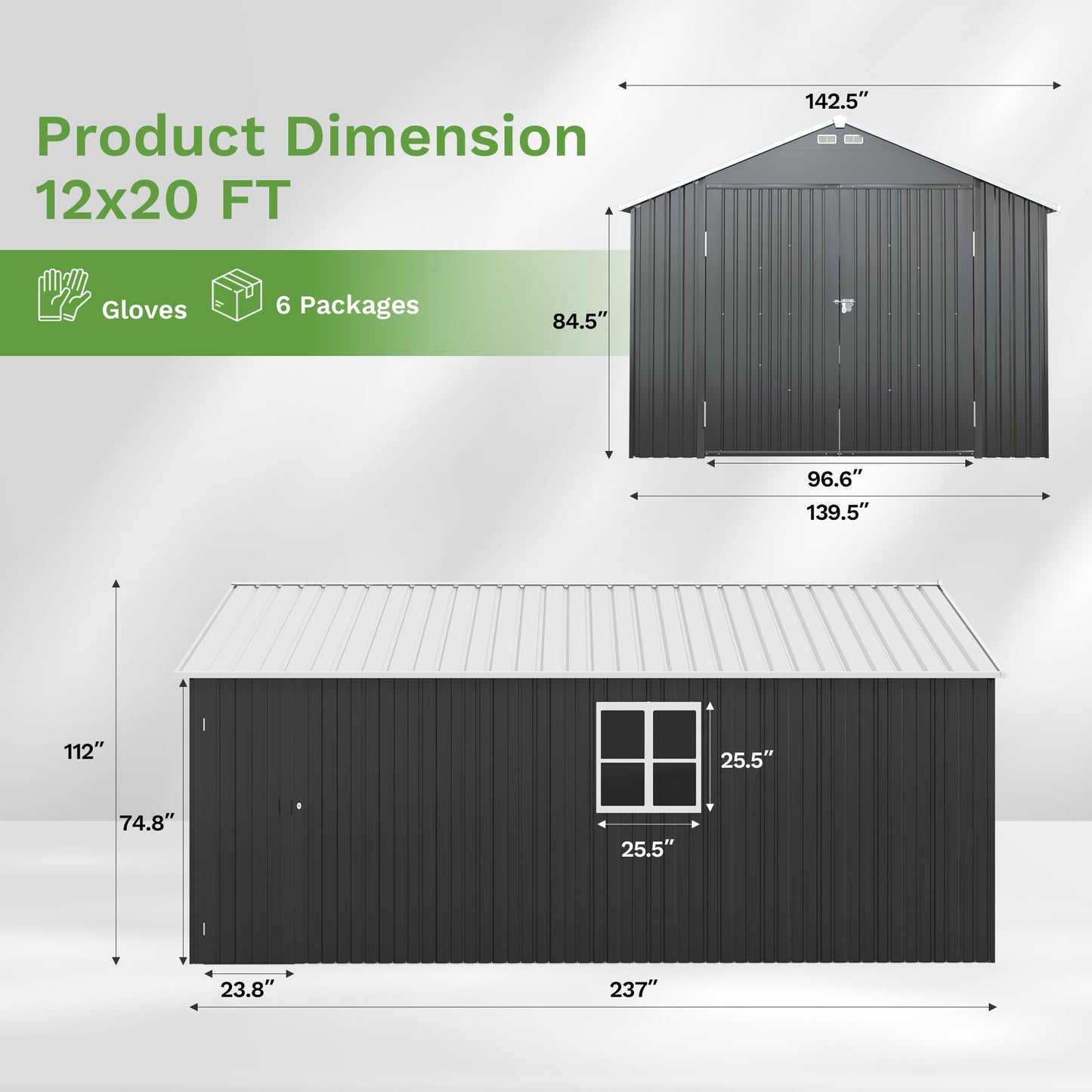 Patiowell 12x20 FT Outdoor Storage Shed, Large Metal Garden Shed with Lockable Doors & Windows, Waterproof Reinforced Tool Shed with Side Door & Air Vents for Cars Trucks Boats, Black