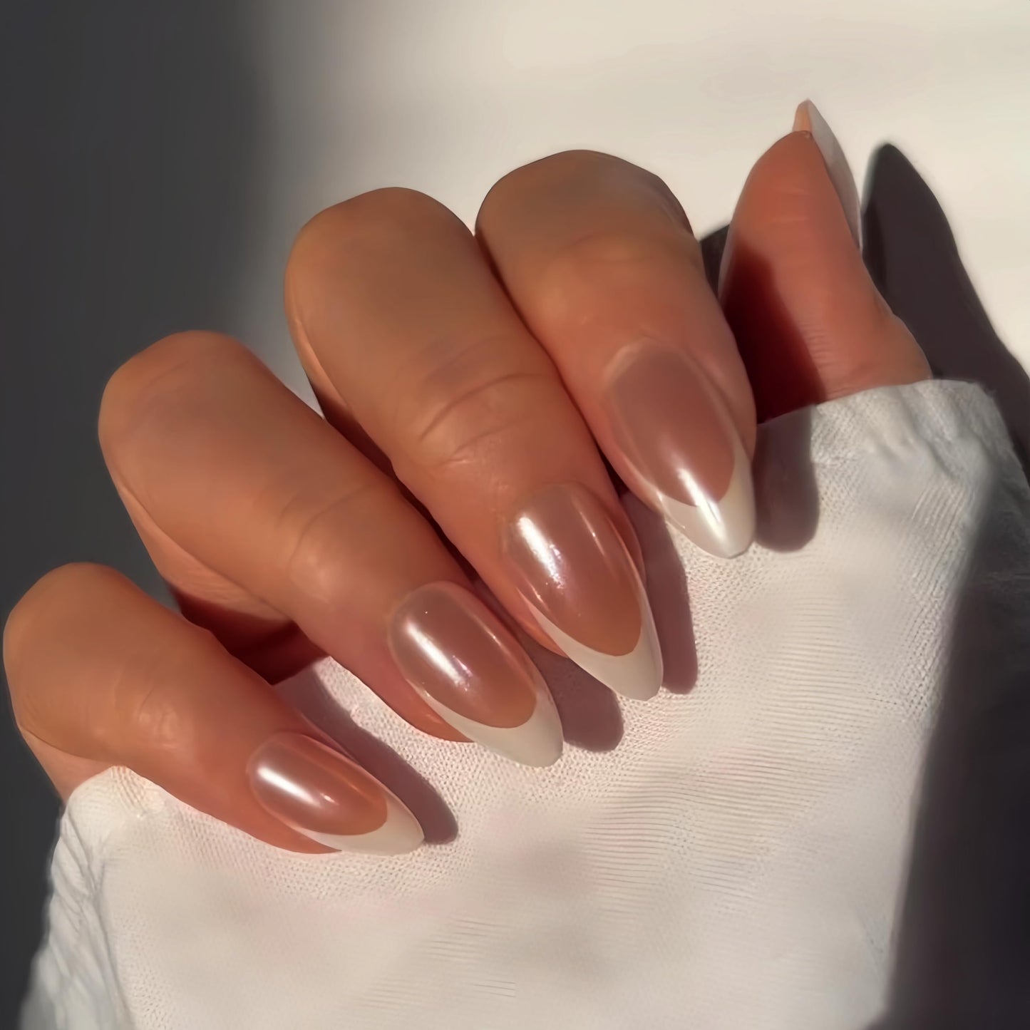 White French Tip Press On Nails Almond - KQueenest Chrome Press On Nails Medium, Fake Nails Press with Natural Brown Base, French Glue on Nails Medium, Glazed Donut Stick On Nails for Women Wedding