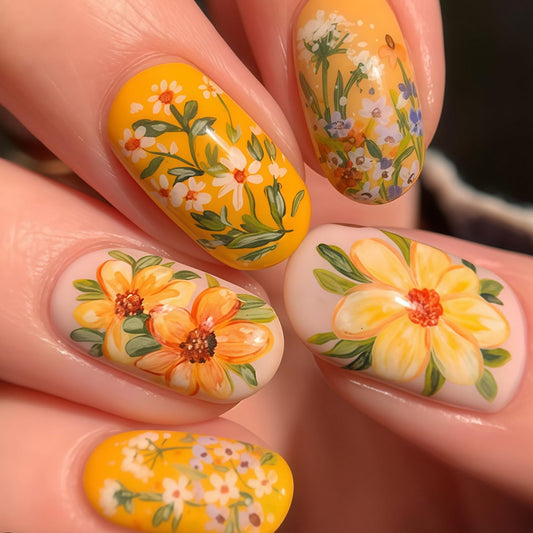Summer Press on Nail Yellow Fake Nails with Floral designs Daisy False Nails Full Cover Medium Length Round Press ones Glossy Cute Glue on Nails for Women Manicure Decor24pcs