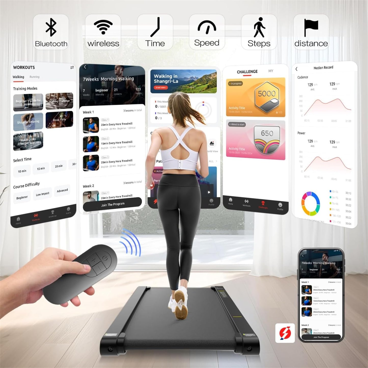 Walking Pad Treadmill with APP, 3 in 1 Under Desk Treadmills, 2.5HP Low Noise Walking Vibration Pad with Remote Control,Portable Treadmill for Home Office, Red