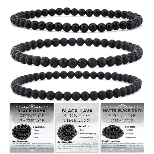 NCB 3-Piece 4mm Natural Crystal Gemstone Stretch Bracelets – ﻿Black Lava, Black Onyx, Matte Black Agate Handmade Reiki Energy Healing Jewelry for Meditation,Yoga, Unisex