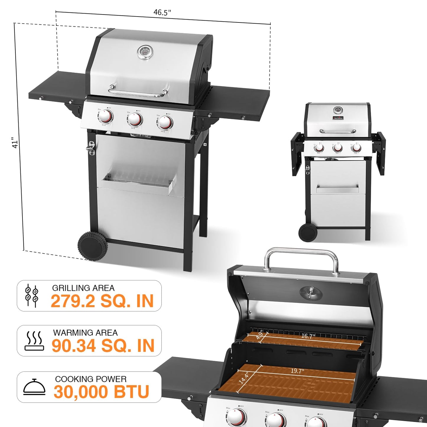 GRILL DEPOTS 3-Burner Propane Gas Grill with 2 Folding Sides, BBQ Grill with Wheels, Double-layer Stainless Steel Lid & Cast Iron Grates 30,000 BTU for Outdoor Backyard Patio
