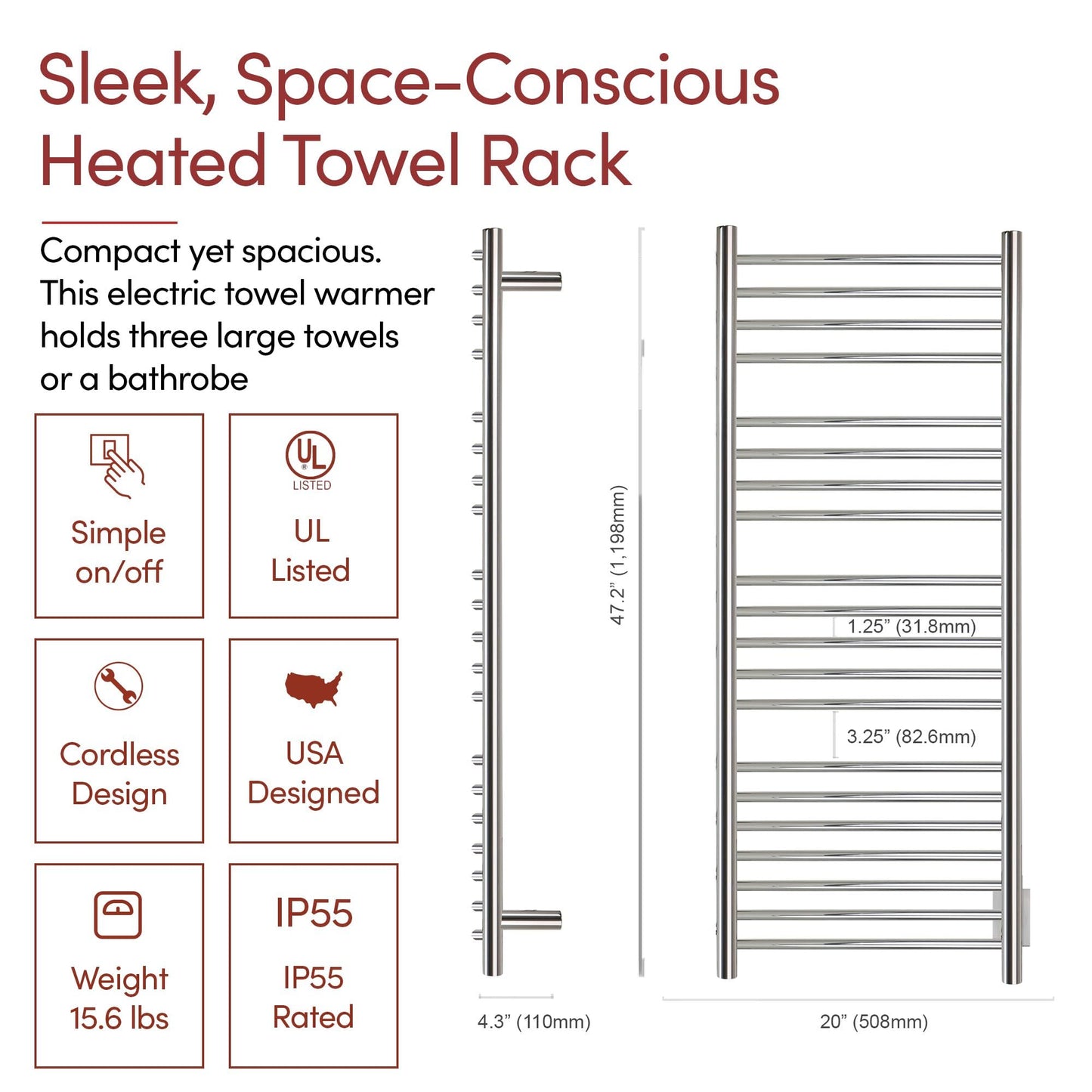 Heated Towel Rack, 20-Bar Wall Mounted Towel Warmer Polished Stainless Steel for Luxury Spa-Like Comfort in Your Bathroom, Electric Hardwired 190 W (WarmlyYours Bellagio)