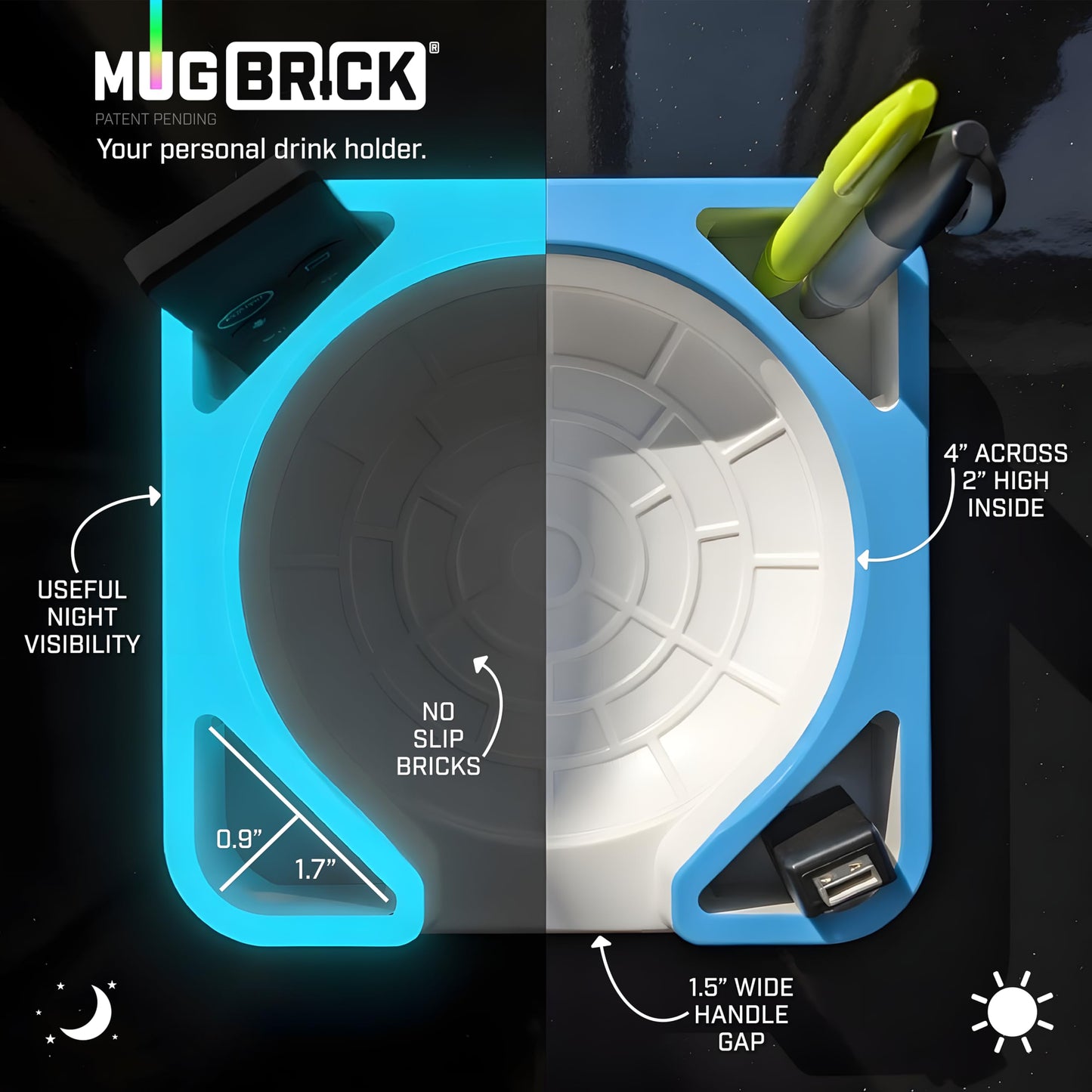 MugBrick Portable Silicone Cup Holder for Desk, Couch, Bed. Dishwasher Safe, Non-Spill Drink Holder for Office, Desktop, Sofa. Black