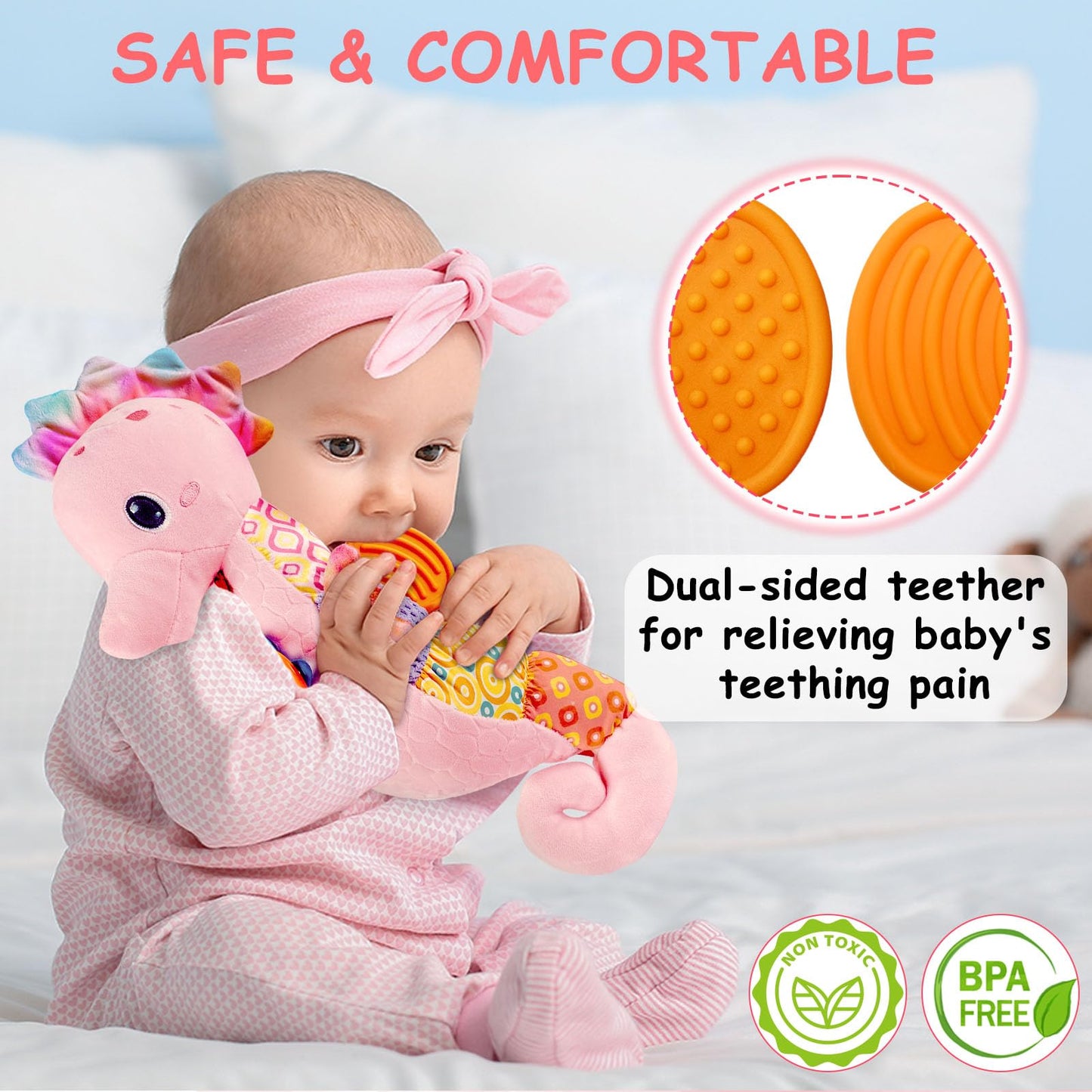 Fuzqq Baby Girl Toys 0-6 Months,Musical Stuffed Animal Plush Toy with Rattle,Soft Newborn Toy for 0 3 6 9 12 Months Girls,Baby Girl Gift,Pink