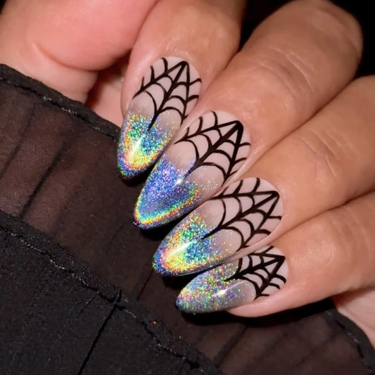 CJDLTS Halloween Press on Nails Medium Almond Black Spider Web Pattern Design Halloween Nail Full Cover Glossy Artificial Acrylic False Nail Laser French Tip Festival Stick on Nails for Women 24Pcs