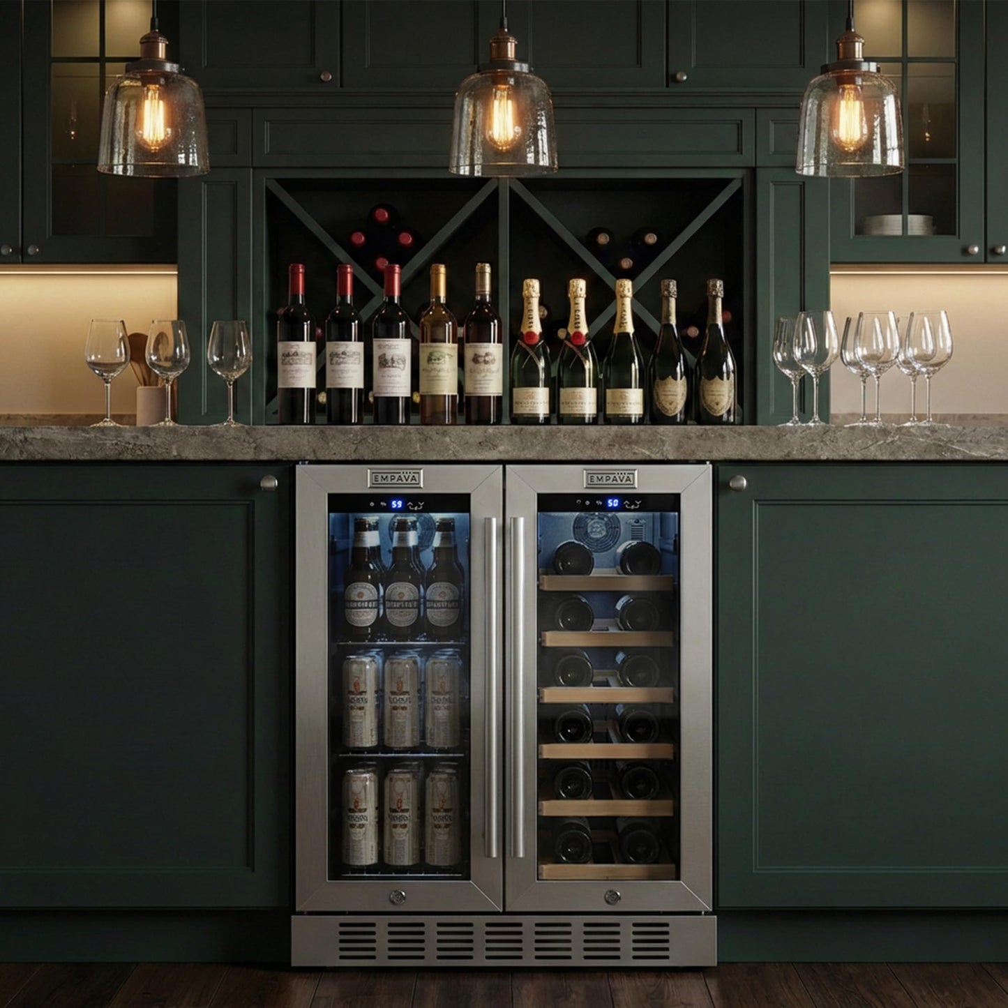 Empava 24 inch Dual Zone Beverage and Wine Cooler Refrigerator with Glass Door, Freestanding Drink Fridge with LED Light, Touch Control, 61 Cans Plus 17 Bottles Capacity