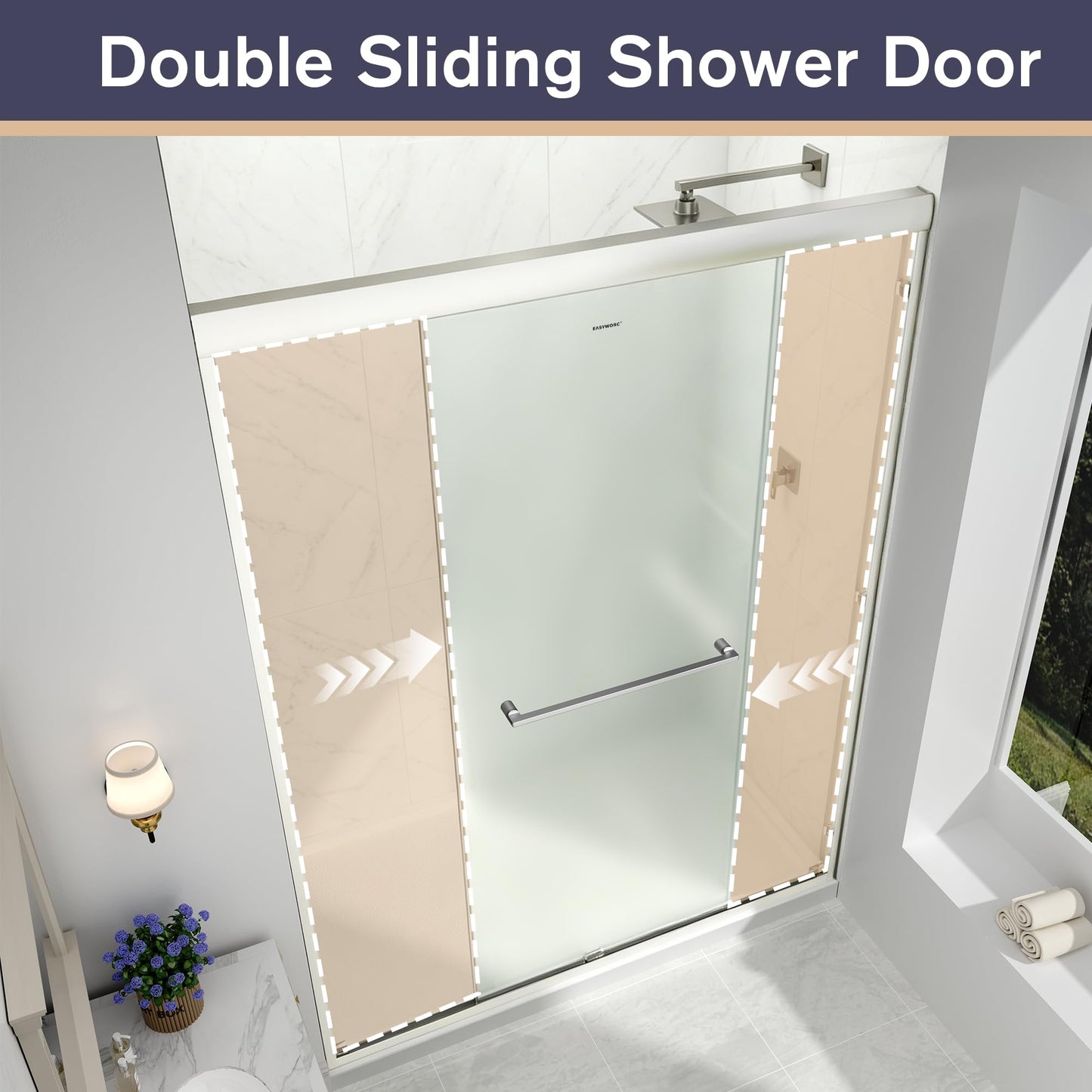 EASYWORC Double Sliding Shower Door, 55"-60" W x 70" H Semi-Frameless Frosted Shower Door, 1/4'' (6mm) Frosted SGCC Tempered Glass with Nano Coating and Explosion-Proof Film, Brushed Nickel