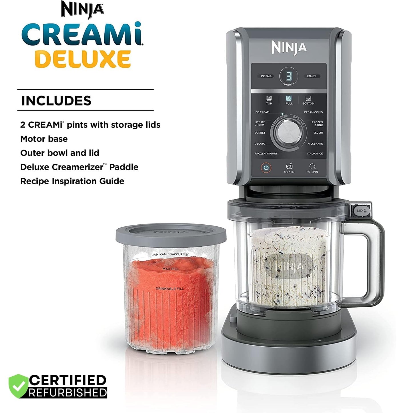 Ninja NC501 CREAMi Deluxe 11-in-1 XL Ice Cream Maker Silver (Renewed) Bundle with Deco Essentials 6 Pack of Pints and Lids for Ninja Creami