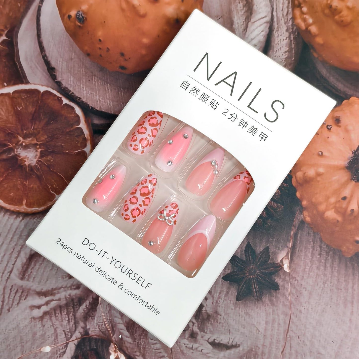 Nude Pink Press on Nails Medium Almond Artificial Acrylic French Tip Fake Nails Pink Leopard Print with Silver Bow Rhinestones Stick on Nail Artificial Fingernails Press Ons Nail for Women Manicure