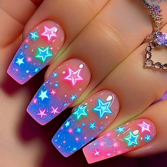 QQPPOLIU Long Press on Nails Coffin Shape with Stars Design Fake Nails Hot Girl Glue on Nails for Prom and Party Gift for Women 24pcs