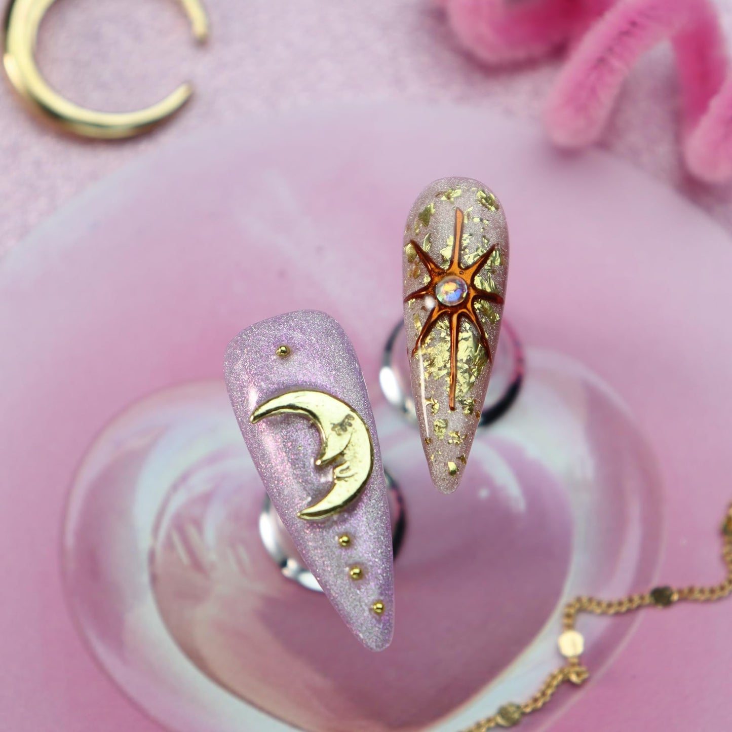 Star Moon Press on Nails Long Stiletto Fake Nails Pure Handcrafted Nail Mirror Effect Glue on Nails Glitter False Nail with Design Rhinestone Stick on Nail for Women Girls Luxury Manicure (S)