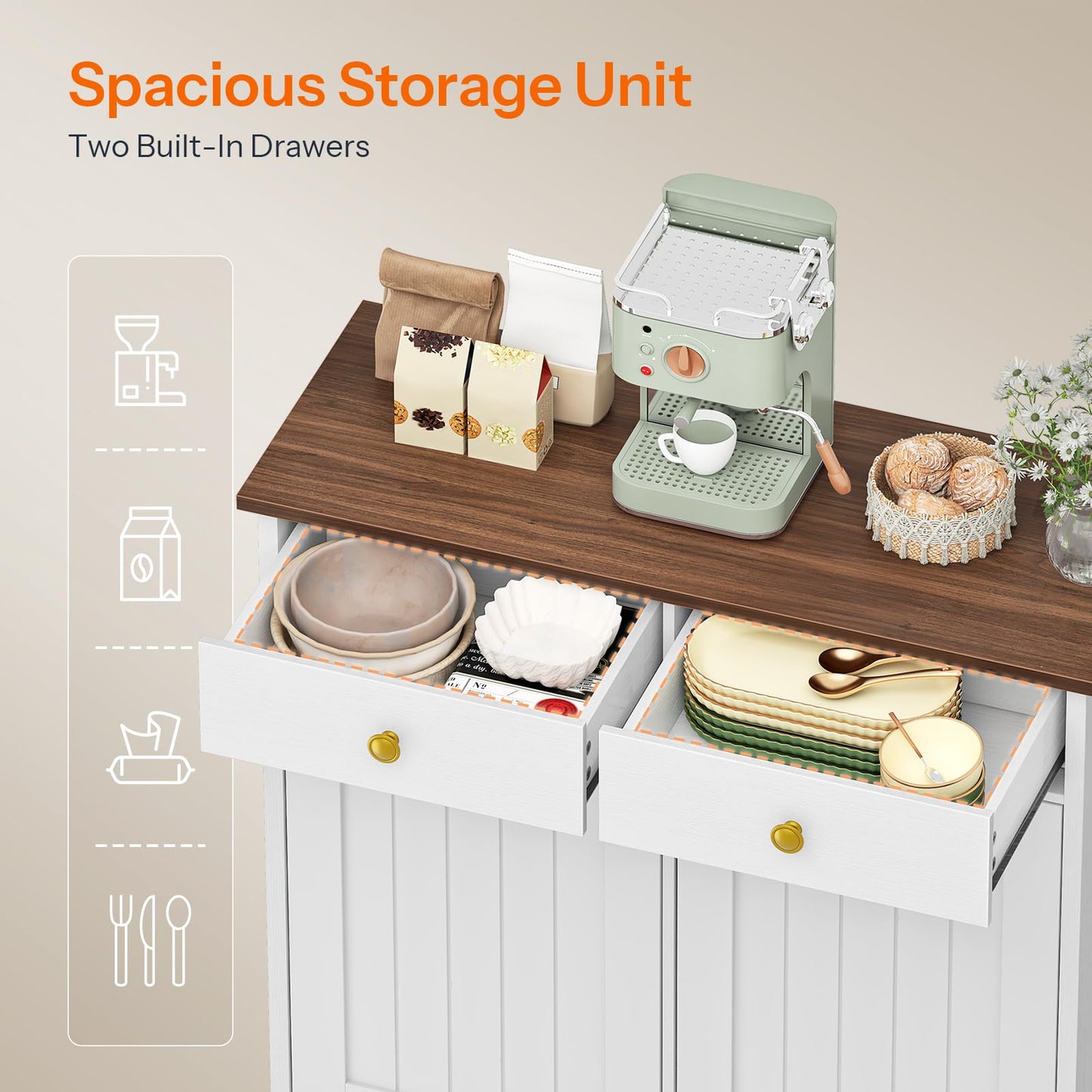 HOOBRO Double Tilt Out Trash Can Cabinet, Hidden Trash Bin Storage with 2 Drawers, Freestanding Kitchen Island Cabinet, for Kitchen, Laundry Room, White and Walnut WH22LJ01US