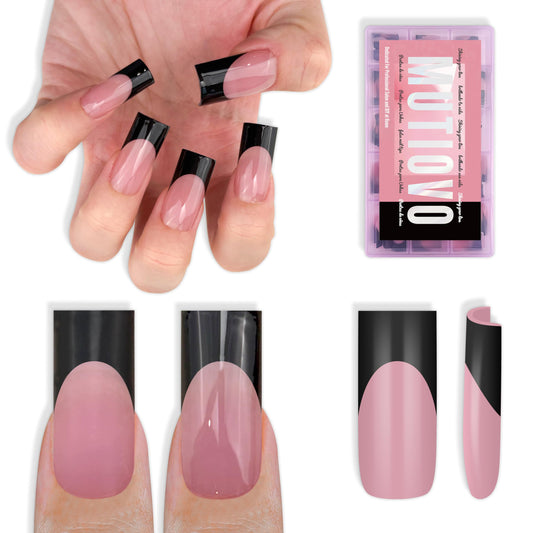 MUTIOVO Black French Tip Medium Straight Square Nail Tips Press on, BERRY PINK Extra Thick Soft Gel Nail Extension, Full Cover False Nails, NEED Builder Glue Gel & Top Coat, for DIY x 15 Sizes 180 pcs