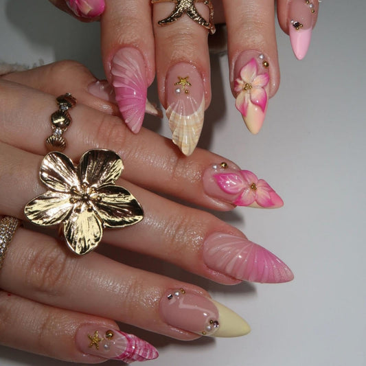 Handmade Press on Nails Medium Almond Fake Nails with 5D Rhinestones Flower Design Yellow French Tip False Nails Pearl Starfish Glue on Nail Glossy Ombre Pink Nail for Women Manicure 24Pcs