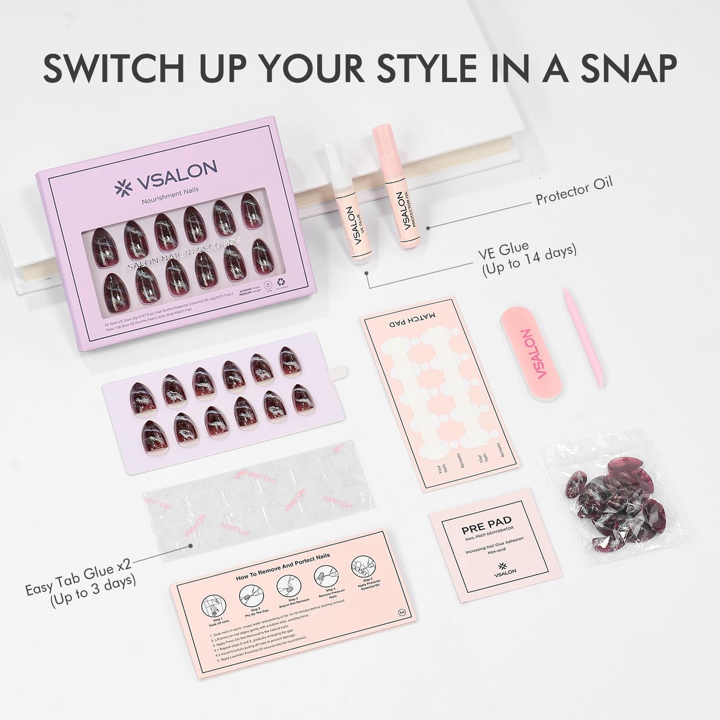 VSALON Press on Nails Short Almond - Brown Marble Glitter Glue On Nails Kit for Women, Reusable Opaque Salon Quality Swirl Fake Nails - 32 PCS Stick on Nails in 16 Sizes with Glue & Cuticle Oil