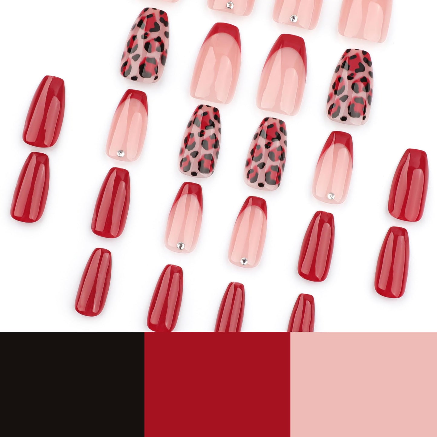 Red Press On Medium Coffin French Tip Leopard Print Glue Solid Color Acrylic Glossy Full Cover Stick On Nails 24Pcs