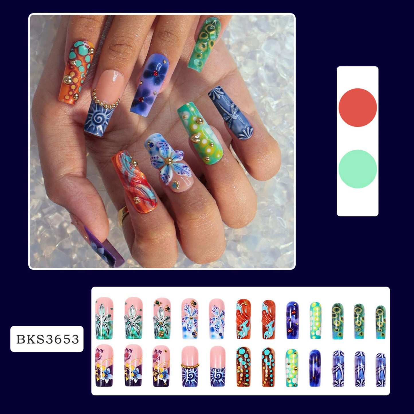 Octoswave Long Square Press on Nails 3D Flower Design Colorful Artistic Fake Nails for Women Party Prom DIY Manicure 24Pcs
