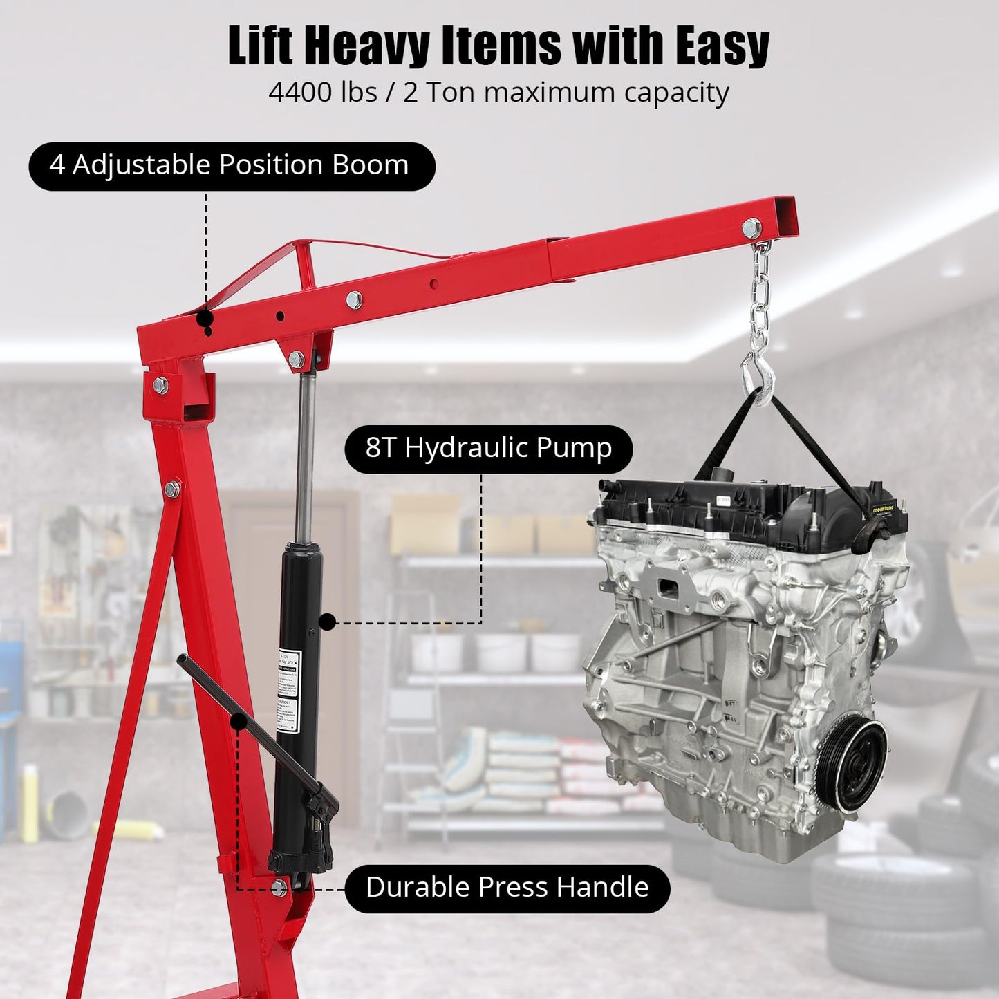 2 Ton Hydraulic Engine Hoist, 4400 LBS Folding Picker Hoist, 6 Casters and Lever Heavy-Duty Hoists for Garage Auto Repair (Red)