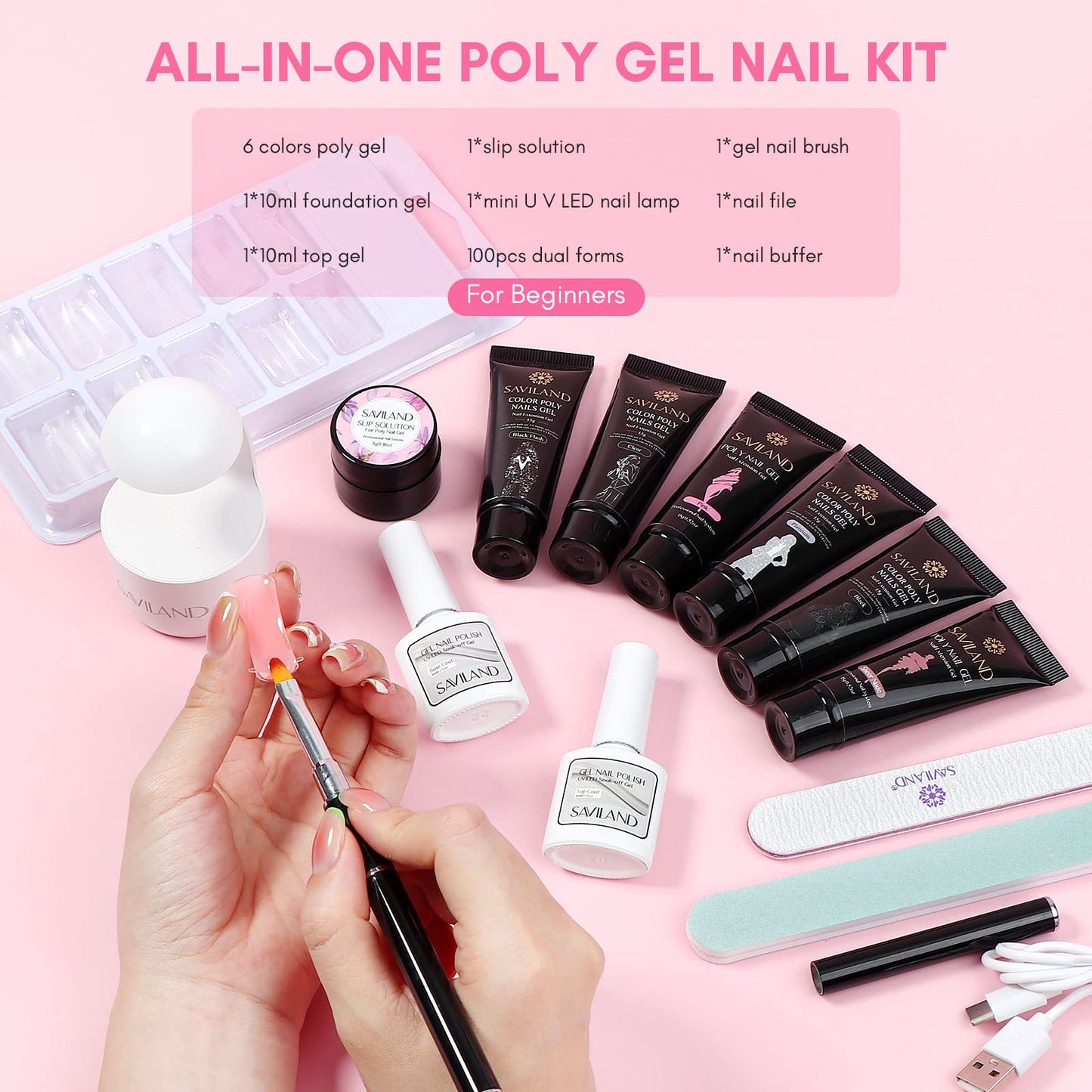Poly Gel Nail Kit Starter Kit: Saviland 6 Colors Pink Nude Poly Nail Extension Gel Kit with U V Lamp Fast Dry Poly nail gel for Beginners with Everything DIY at Home Gifts for Women