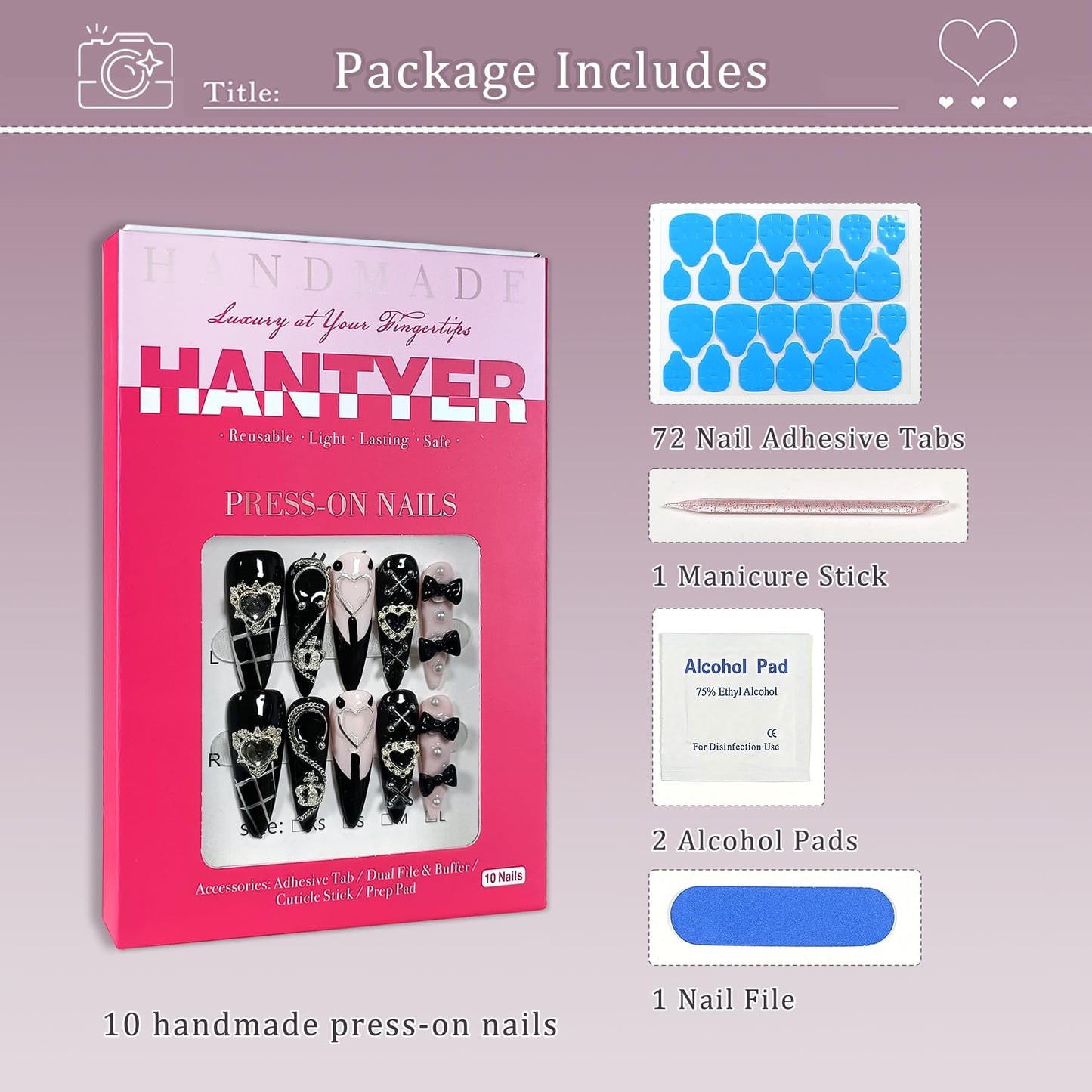 Hantyer Gothic Y2K Press on Nails, Long Stiletto Glossy Black & White Nails, Silver Gothic Charms, Black Rhinestones & 3D Hand-Painted Art, Salon Nails Edgy Style for Nightlife & Concerts (Size S)