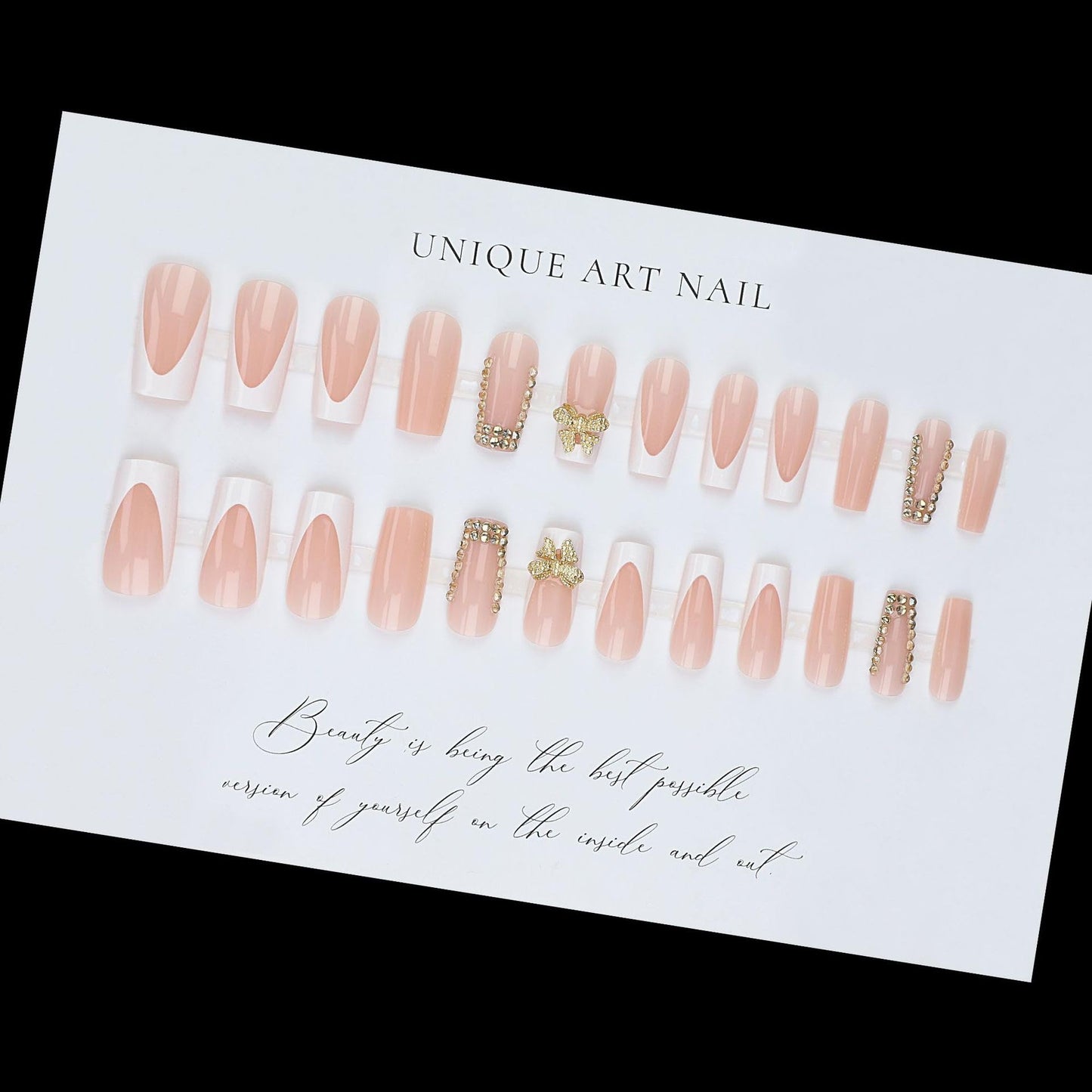CTTHNBD Press on Nails Square - Medium Fake Nails with Bow Design - Rhinestone, French Tip False Nails Press ons - for Women 24 Pcs