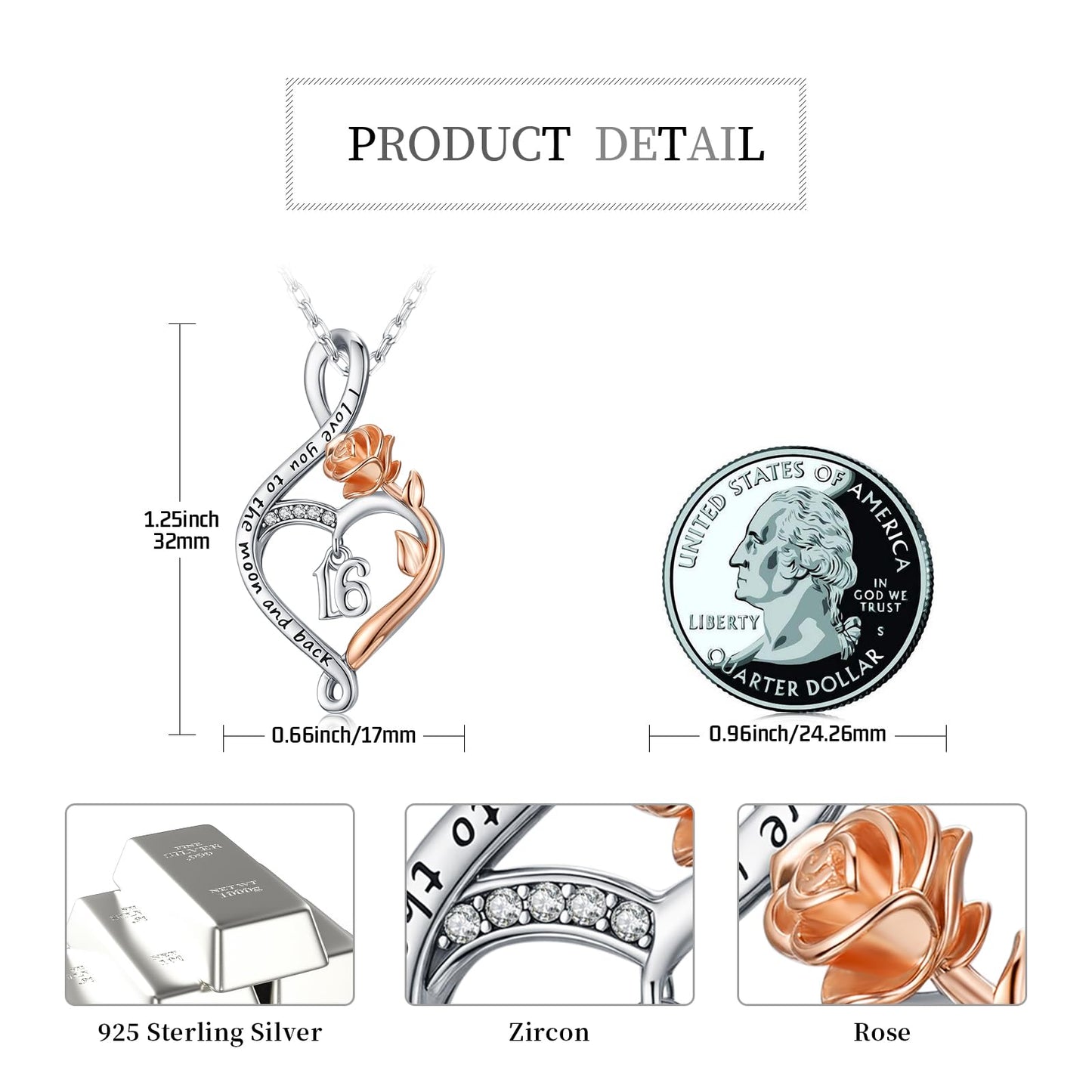 KoyeKei 16th Birthday Gifts for Women Sweet 16 Year Old Necklace 925 Sterling Silver Rose Flower Heart Infinity Pendant Jewelry Christmas Birthday Gift for Sixteen Year Old Daughter Granddaughter