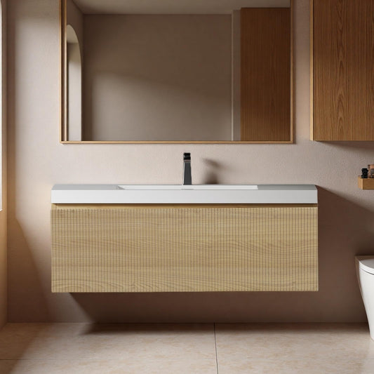 Trygoal 42" Bathroom Vanity with Sink, Floating Vanity with Resin Countertop & 1 U-Shaped Interiors, Wall-Mounted Bathroom Storage Cabinet with Soft-Close Drawers for Home, Easy to Clean, Wood