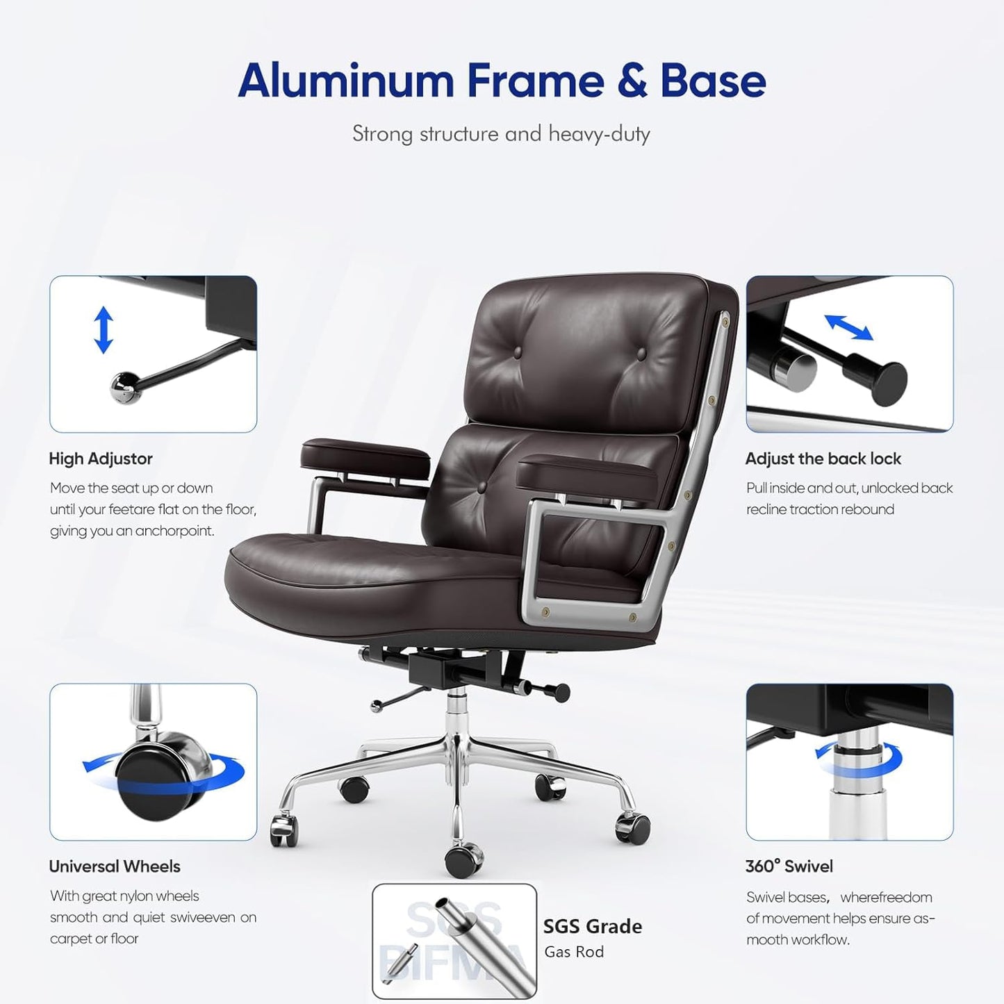 Genuine Leather Office Chair, Padded Mid Back Conference Desk Chair with Aluminum Arms and Leg, Executive Swivel Leather Chairs with Wheels, Thickened Backrest and Ergonomic Lumbar Support, Brown
