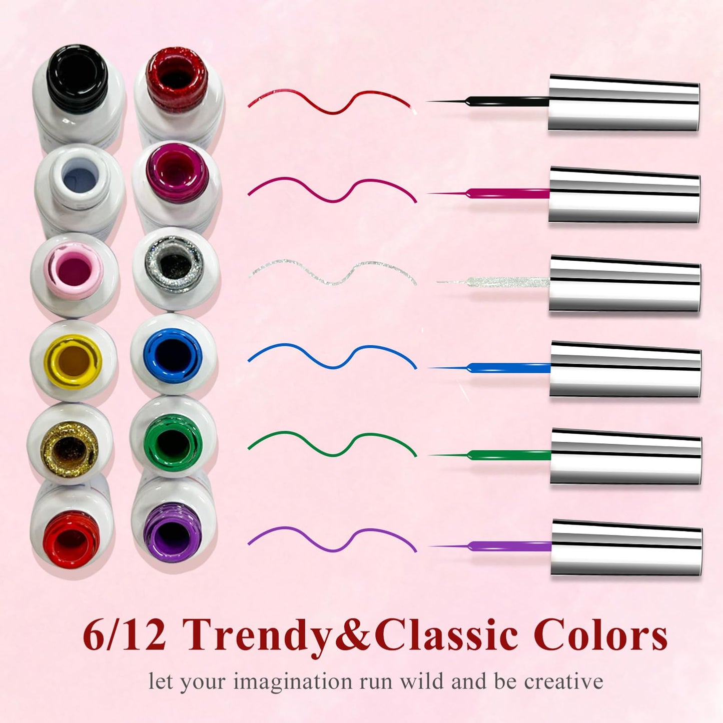 eodci Nail Art Gel Liner Set, 12 Colors Black Red Pink Yellow Green Glitter Fall Winter Gel Polish for Swirl French Tip Painting Designs Soak Off Built Thin Brush DIY Nail Design Kit