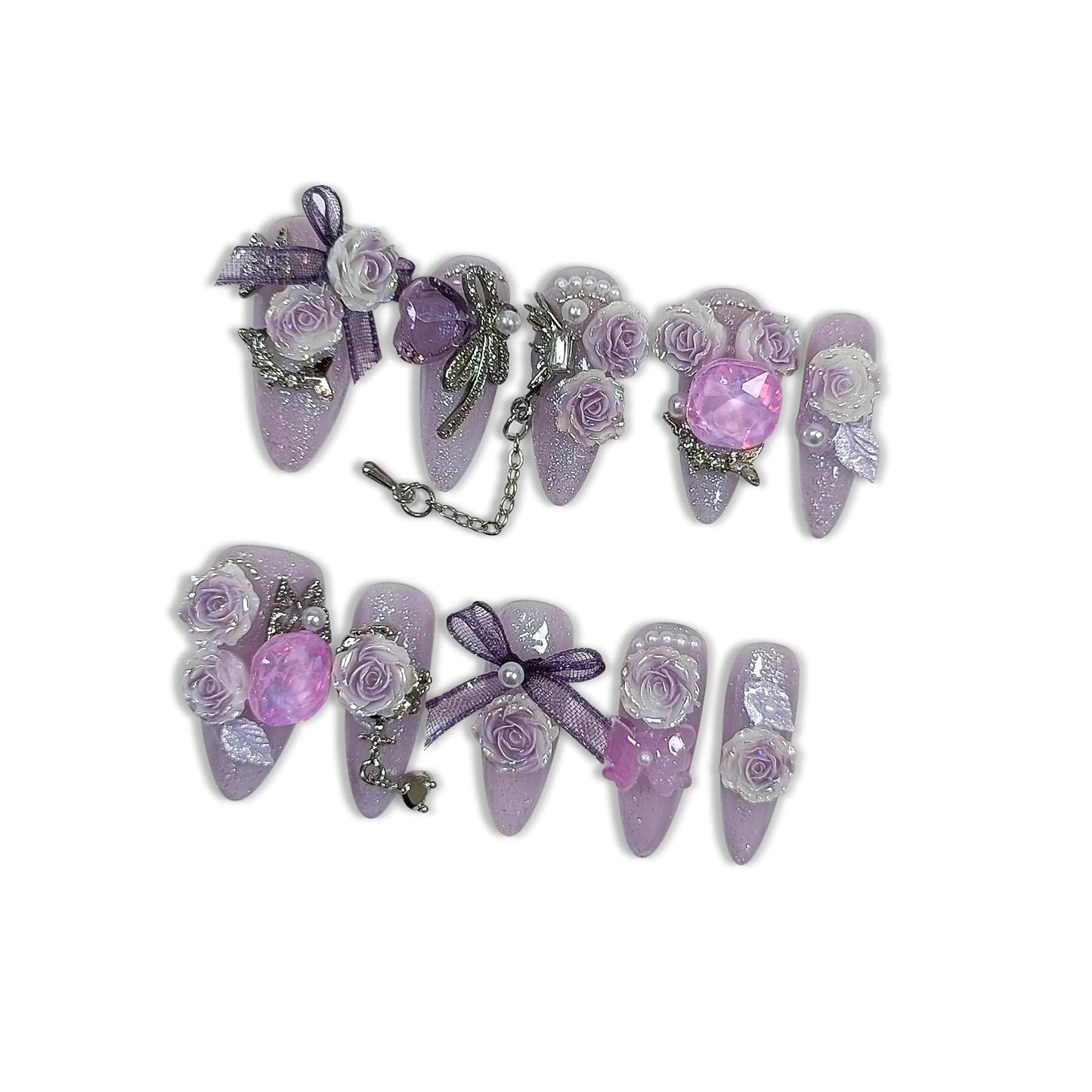 Hantyer Glamorous Press on Nails Long Almond Stiletto,Purple Cat Eye Gradient False Nails with 3D Roses, Camellias Butterflies Chains Rhinestones, Luxe Glitter Fake Nails for Women 10Pcs Tools Kit(S)