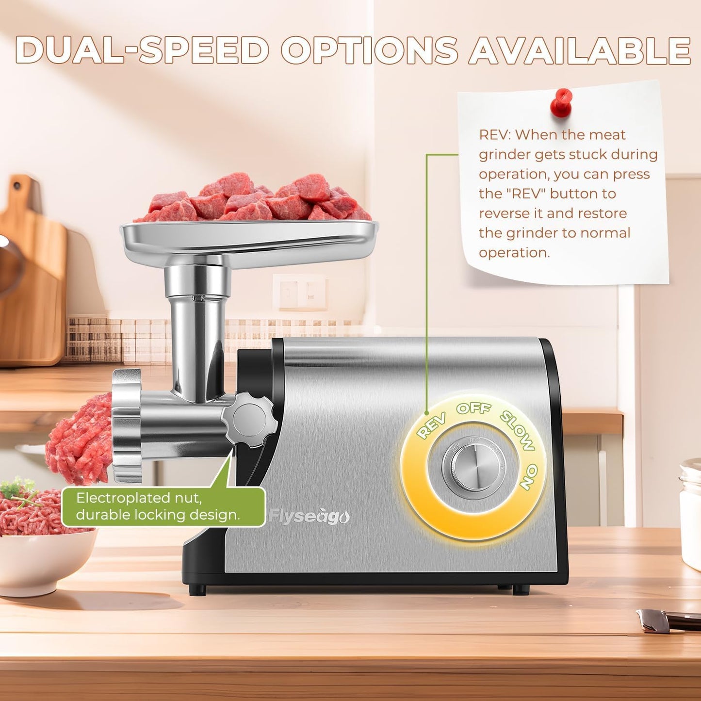 Flyseago Multifunctional 3200W Electric Meat Grinder Heavy Duty Commercial Meat Grinders, Veggie Shredder, Ice Cutter with 2 Blades, 3 Grinding Plates, 3 Sausage Tubes, Meat Grinder for Home Use