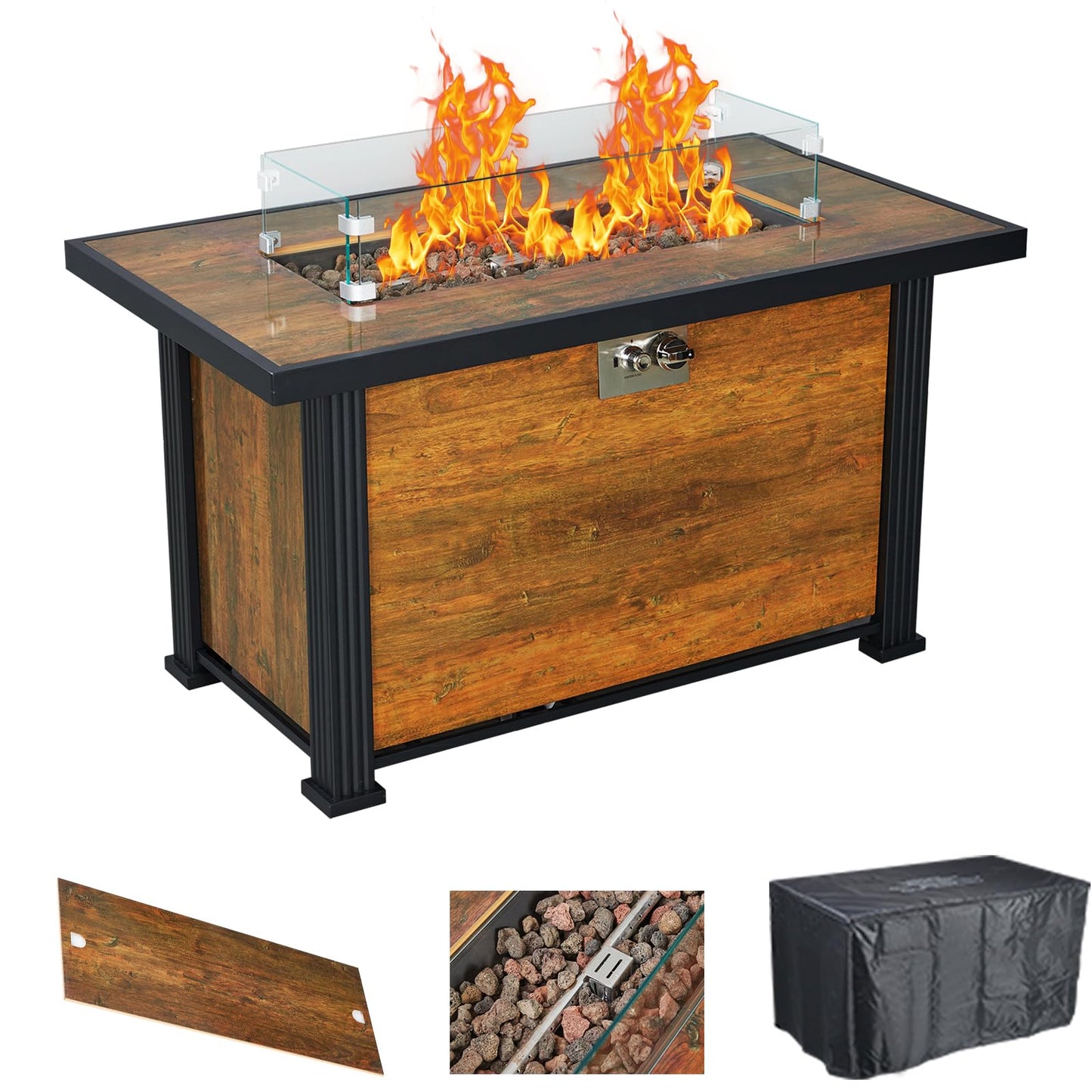 GarveeLife 44 in Gas Fire Pit Square Table, 50,000 BTU Propane Fire Table with Tempered Glass Wind Gaurd, Pulse Switch, Rain Cover, for Foolside, Lawn, Outside Garden, Thermal Transfer Woodgrain