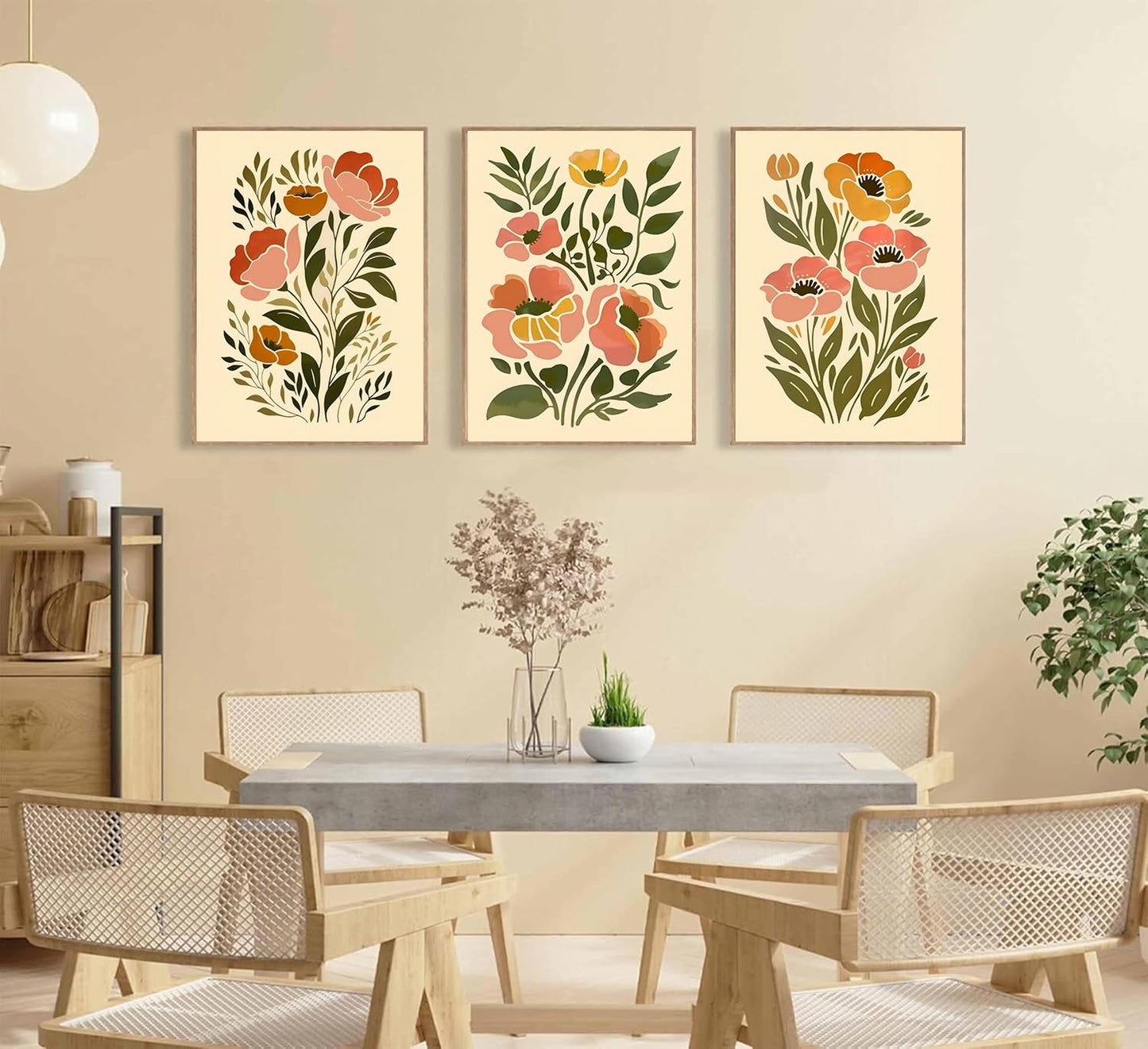 SFXYRTAH 3Pcs Boho Floral Wall Art Abstract Botanical Flower Posters Neutral Beige Green Minimalist Plant Prints for Living Room Bedroom Office Home Decor Unframed (12x16in posters)