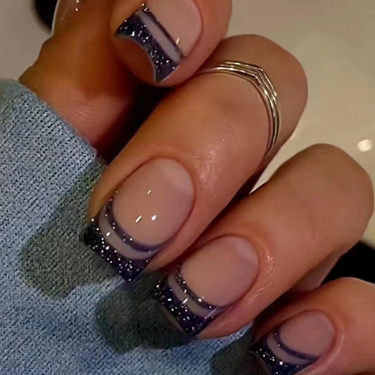Black French Tip Press on Nails Medium Square Fake Nails with Design Black Line False Nail Glitter Glue on Nail Glossy Full Cover Artificial Acrylic Bling Stick on Nail for Women NBNTGH Manicure 24pcs