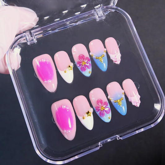 MXYIYANR Nails Press on Nails Medium Almond Fingernails with 10 Pcs Floral 3D Art Designs Handmade False Nails Full Cover Nails for Women (M)
