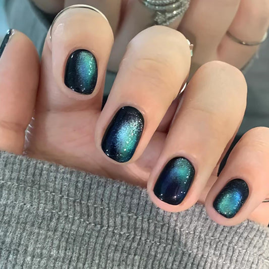 HOSAILY Short Press on Nails Cat Eye, Blue Green Galaxy Square Fake Nails with Magnetic Shimmer Design, 24pcs Glossy Handmade Gel Glue on Nails Coffin, Salon Quality Stick on Nails Press Ons for Women