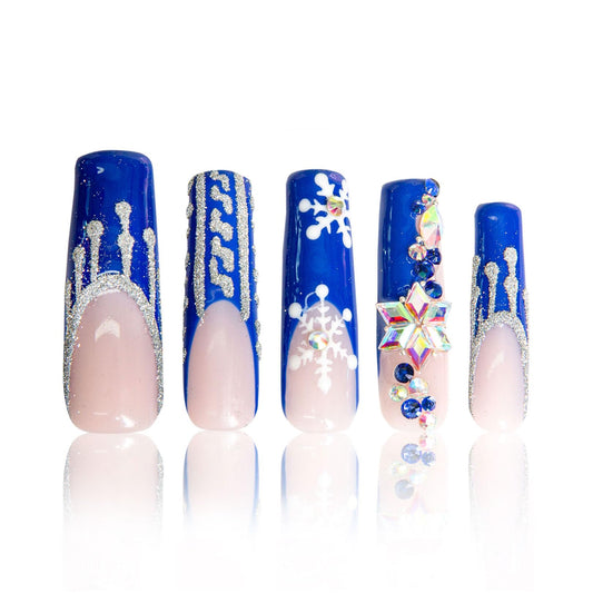 LOVFUL Press on Nails Snow Waltz Blue French Tip| Handmade with Full Covered Crystals | Reusable Fake Nails | Square Mid Length 1.7 in | H140-S