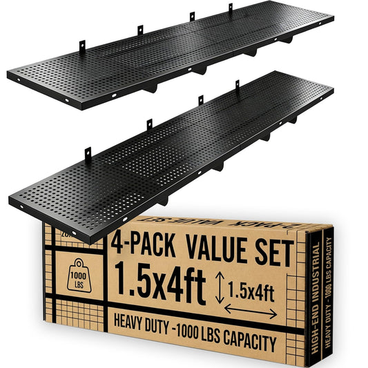 ZONEGRACE 4-Pack 1.5x4ft Garage Wall Mount Shelves, 1000 Lbs Heavy Duty Wall Shelving, Metal Organizer Rack For Garage Wall Storage Systems With Complete Install Kit & Hooks, Black