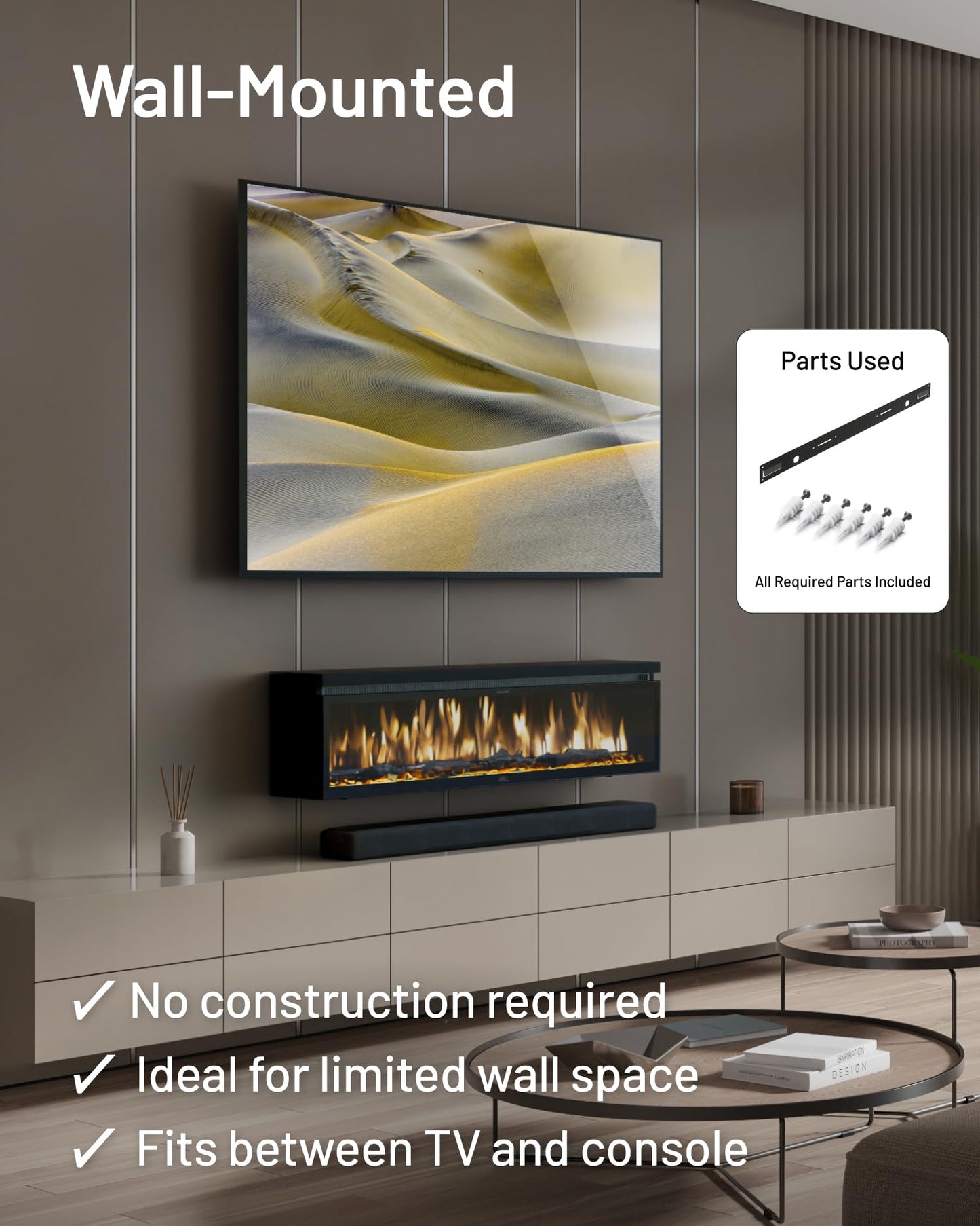 WALL FLAMEBAR Electric Fireplace Freestanding, Wall Mounted, Movable w/TV Stand – WiFi Enabled,750/1500W Heater, 1500 Flame Color Combinations, for Living Room or Bedroom, Modern 40" Wide