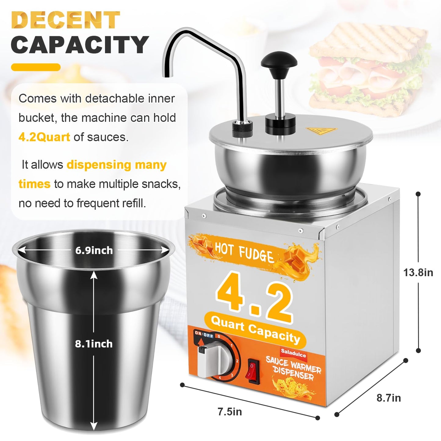 Saladulce 4.2Qt Nacho Cheese Dispenser Warmer Cheese Sauce Warmer with Cleaning Kits&9 Stickers, Pump Dispenser for Sauce Cheese Fudge Caramel